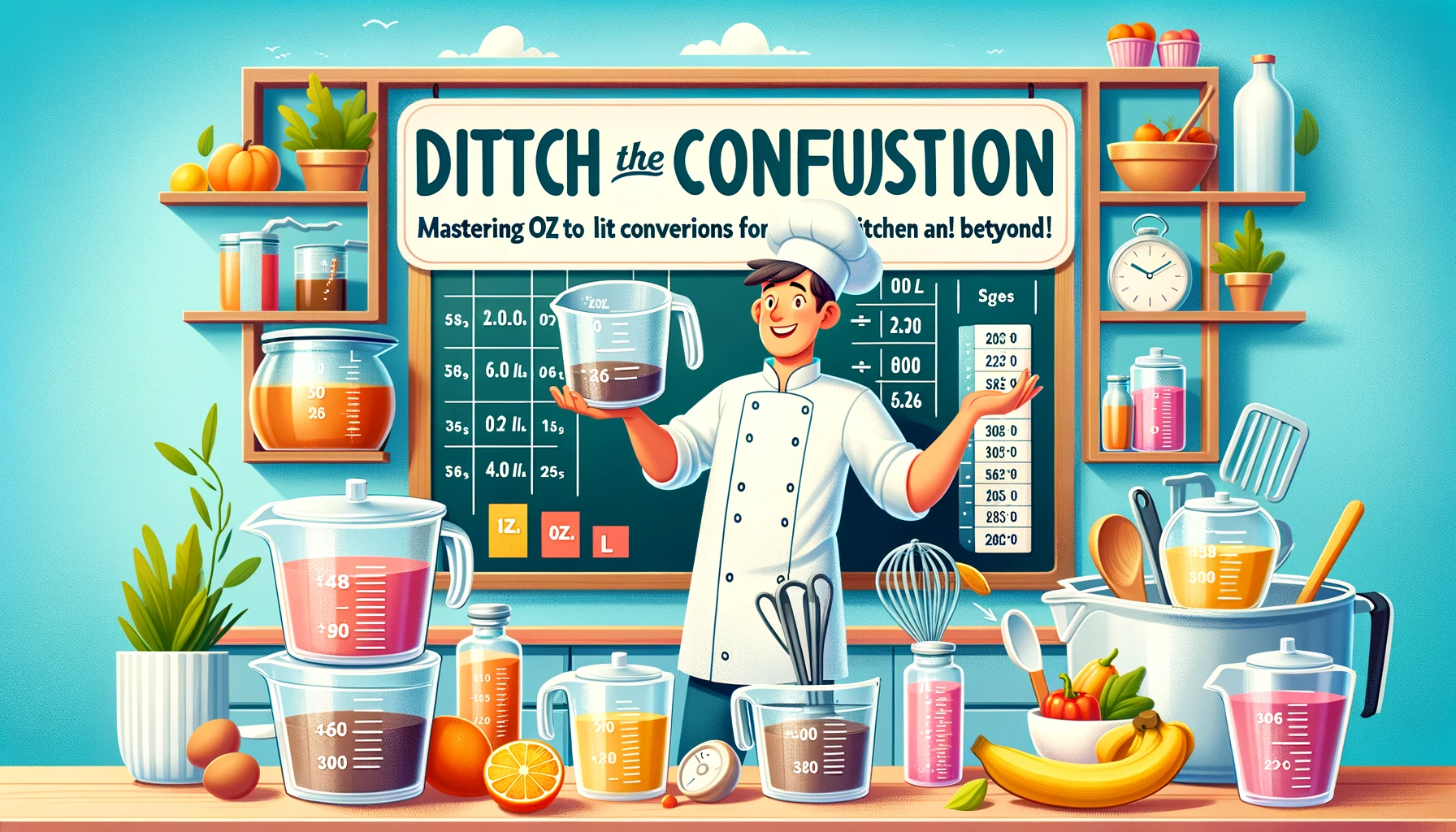 An educational and engaging blog header image for an article titled 'Ditch the Confusion_ Mastering Oz to Liter Conversions for a Hassle-Free Kitchen
