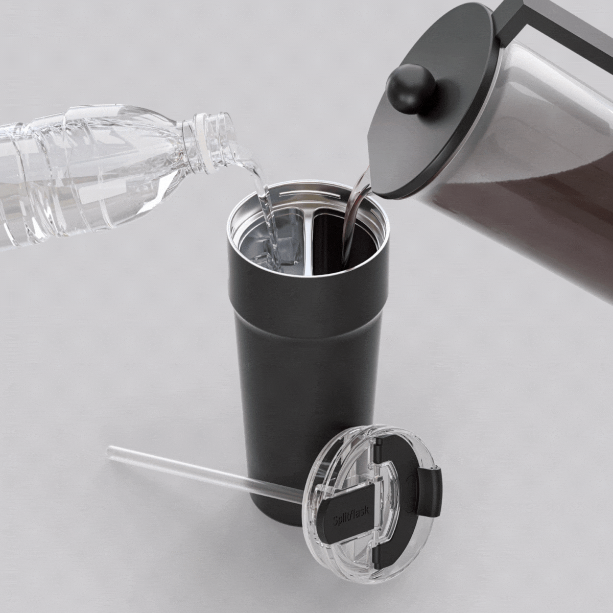 water and coffee pouring into a Splitflask dual-chamber tumbler