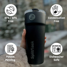 Hand holding a splitflask tumbler with 4 benefits listed